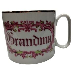 Vintage Grandma Coffee Mug Pink Green Scroll Victorian Gold Rim Ceramic Cup 060